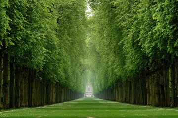 Lush green trees line a grassy path.