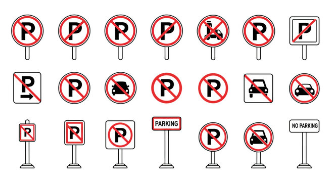 Comprehensive collection of no parking signs with universal symbols in flat design