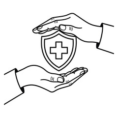 Hands protecting a shield with a medical cross on a white background healthcare insurance