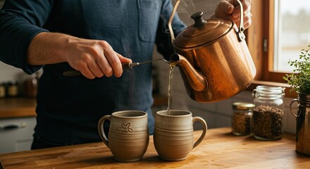 A person pours tea from a copper kettle into two mugs on a wooden countertop with jars and a plant in the background