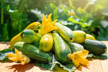 Zucchini. Beautiful nature background with colorful zucchini on a farm. Harvest. Agriculture. Close-up. Healthy eating.