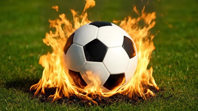 Flaming Soccer Ball on Grass - A soccer ball engulfed in flames rests on a patch of green grass. The intense orange and yellow flames contrast sharply with the black and white of the ball and the
