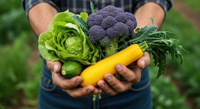 Hands hold fresh vegetables lettuce purple broccoli yellow  green zucchini against a field backdrop