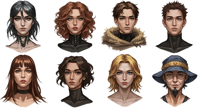 Diverse portraits of anime style characters in various hairstyles and expressions