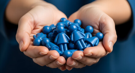 Hands holding a pile of blue people figurines, symbolizing community and connection