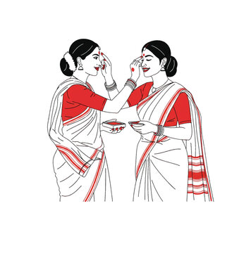 Minimalist Line Art of Sindoor Khela. An elegant and simple line art vector illustration of two Bengali women during the Sindoor Khela ritual.