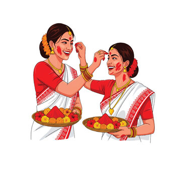 Vibrant Sindoor Khela Celebration at Durga Puja. Vector Illustration. An elegant and simple line art vector illustration of two Bengali women during the Sindoor Khela ritual. 