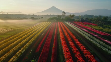Colorful flower fields at sunrise