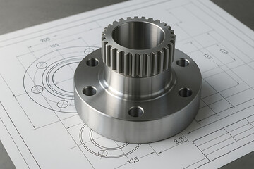 Precision steel gear flange component on technical drawing, machined industrial part with cog teeth, mechanical engineering manufacture concept, automotive machine detail, modern production technology