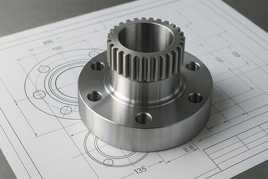 Precision steel gear flange component on technical drawing, machined industrial part with cog teeth, mechanical engineering manufacture concept, automotive machine detail, modern production technology