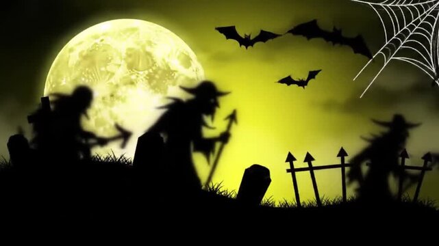 Halloween themed image with witches, bats, moon, spiderweb, gravestones silhouettes. Suitable for spooky season designs, party invitations, and digital content.