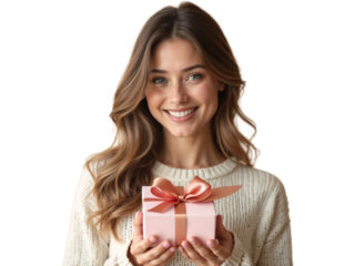 Beautiful woman smiling holding gift present box isolated on transparent background