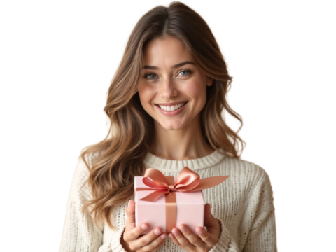Beautiful woman smiling holding gift present box isolated on transparent background