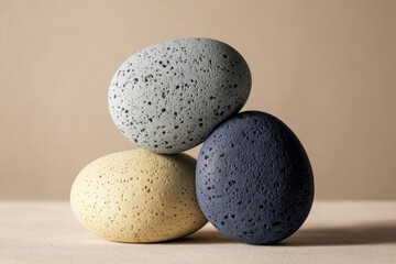 Three speckled stones in pastel colors, stacked in a balanced, artistic display against a neutral backdrop.
