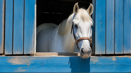 A curious white horse looks over a weathered blue stable door, catching sunlight on its features.
