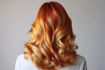 Fototapeta premium A woman's back view showcases vibrant, highlighted curls of auburn and blonde hair.