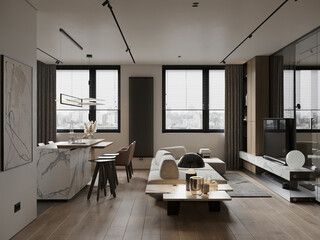 Modern open-plan living room with marble kitchen island, large windows, and minimal decor. Neutral tones and clean lines.