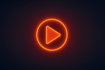 Neon glowing play button icon digital media concept illustration, futuristic video start symbol with orange light on dark background, streaming interface design, online entertainment technology, multi