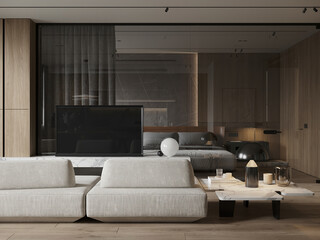 Modern living room with glass partition, neutral sofa, and integrated TV. Cozy, stylish apartment design.