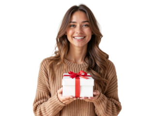Beautiful woman smiling holding gift present box isolated on transparent background