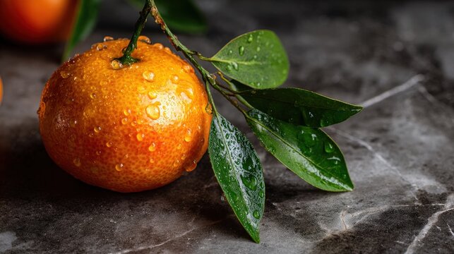 Close-up of a fresh tangerine with water droplets and green leaves, set against a gray marble background; a vibrant and refreshing still life scene with copy space.