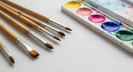 Obraz premium Overhead View of Vibrant Watercolor Palette with Premium Brushes on a Studio Desk
