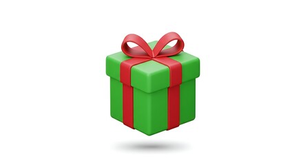 Vibrant 3D Green Gift Box with a Red Ribbon Bow Floating on a Clean White Background.