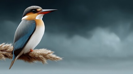 Obraz premium Colorful Kingfisher Perched on Grass Against Dramatic Stormy Sky Background in Tranquil Nature Scene