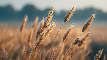 Fototapeta premium Golden Wheat Field At Sunrise. Tranquil Rural Landscape With Soft Morning Light