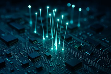 Close-up of glowing fiber optic cables on a computer circuit board technology motherboard