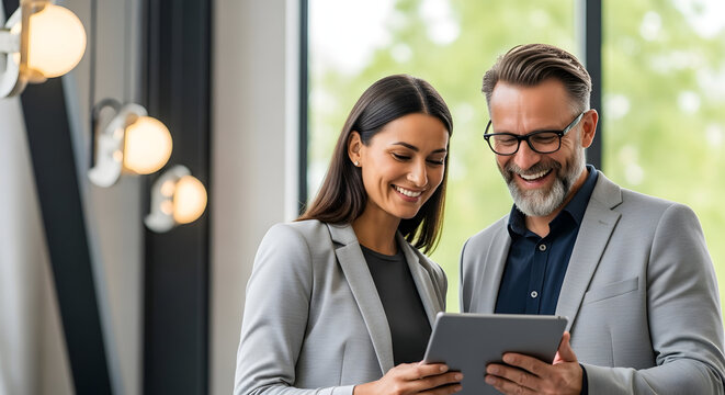 Two business professionals smiling while looking at a tablet together