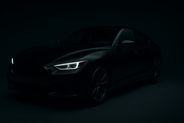 Luxury black sedan car front side view, modern premium automobile with illuminated LED headlights in dark studio background, sleek automotive design, elegant vehicle concept, transportation industry s
