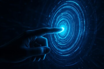 Person's finger touching a glowing blue digital interface circle technology