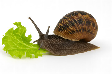 Snail eating fresh green lettuce leaf isolated white background macro, garden gastropod feeding close up view, slow animal nutrition behavior, organic nature wildlife concept, herbivore mollusk detail