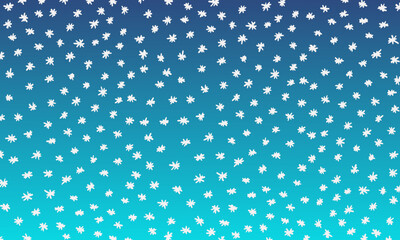 Snowy winter background made of doodle snowflakes on blue gradient