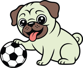 Cute cartoon pug playing with soccer ball – fun puppy illustration for kids, pet lovers, and digital art
