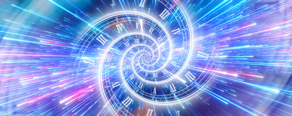 Abstract time spiral with glowing neon light trails. Concept of Infinite time, deadline, scheduling, time and space, time travel, relativity, future technology, past, present and future.