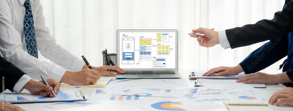 Wall mural ux ui design process for brisk mobile application and website . creative prototype of wireframe for 