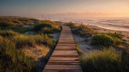 Obraz premium boardwalk on beach at sunrise no logos no brands ar 169