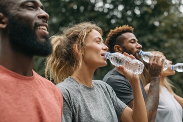 A diverse group of friends enjoying a sunny day in the park, sipping water from plastic bottles and relaxing outdoors on a cheerful, healthy outing.