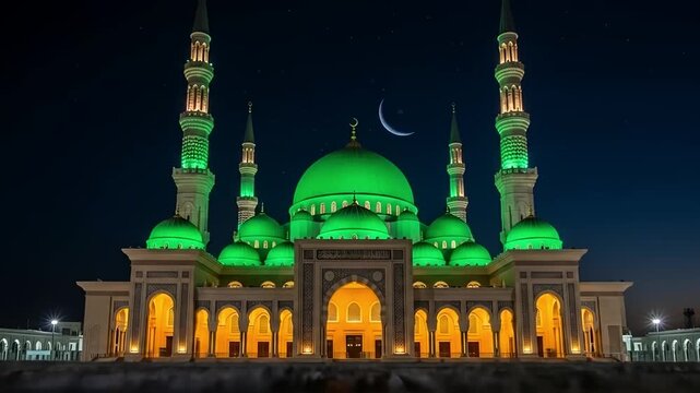 Image is a night-time photograph featuring a grand mosque with a large central dome and four minarets, all illuminated in a vibrant green hue. The mosque's architecture is symmetrical, with the centra
