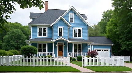 Charming blue victorian home with white picket fence and lush green surroundings