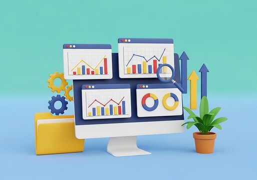 3D illustration of business analytics and data visualization with computer screen charts and graphs for financial growth analysis and strategy development - Powered by Adobe