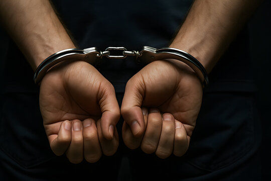 Close up of male hands in steel handcuffs, prisoner arrest concept, crime suspect captured, criminal justice system, punishment and law enforcement detail, dark background detention and imprisonment s