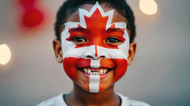 Happy child with Canadian flag face paint smiling and making eye contact with the camera representing Canada Day celebration multicultural pride and diversity