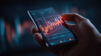 Businessman holding a smartphone displaying glowing financial graphs and charts, highlighting online market trading, digital data analysis, and staying updated with global trends.