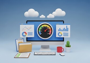3D Rendered Desktop with Performance Dashboard and Data Visualization Clouds and Desktop Setup in Serene Blue Aesthetic