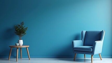 Serene blue interior scene featuring a comfortable armchair and a small side table with a plant