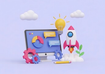 3D Rendering of Business Startup Concept with Rocket Launch Idea Generation and Technological Development Representing Innovation and Creativity