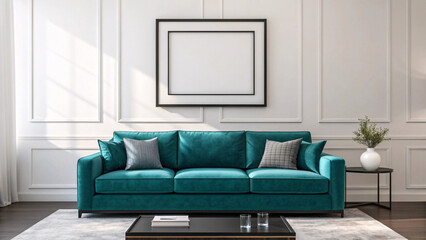 Elegant teal sofa with decorative pillows in a brightly lit modern living room